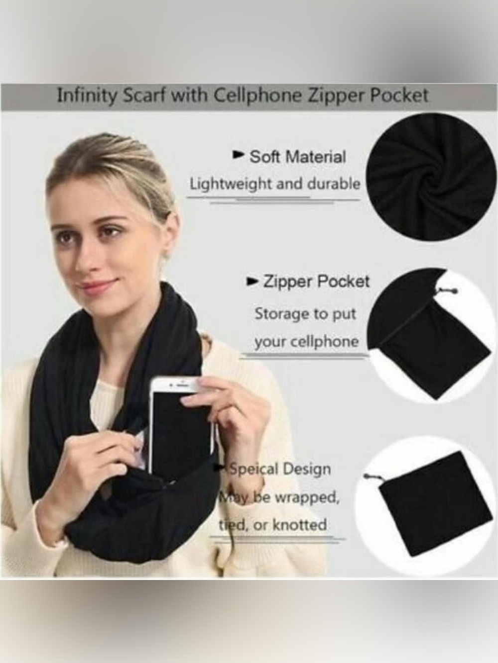Beyond Yoga Black Infinity Scarf with Zipper Phone Pocket